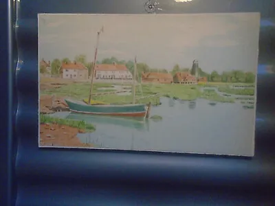 Vintage Watercolour Painting On Board River Scene + Lighthouse C1930s • £6