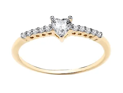 9ct Yellow Gold On Silver CZ Heart Solitaire Engagement Ring Size J - U • £10.95