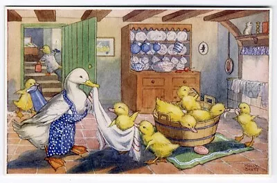 DUCKLING'S BATHTIME Molly Brett Postcard Baby Duck Taking A Bath ANTHROPOMORPHIC • $4.50