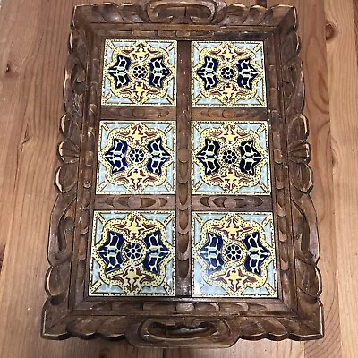 Large Talavera Tiled Ornate Carved Wood Mexican Serving Tray 18x13 Inch • $25