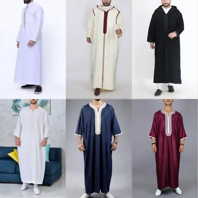 Middle East Robe Muslim Men Jubba Thoub Hooded Long Drese Arab Dishdasha Kaftan • £27.48