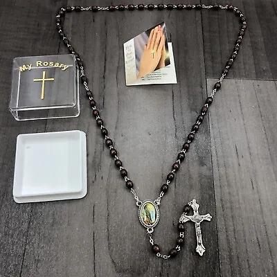 Catholic Prayer Rosary Dark Wood Beads Mary Lourdes Medal & Crucifix + Booklet • £8.27