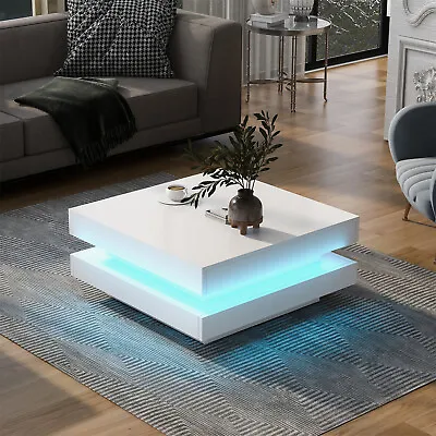 High Gloss Square LED Coffee Table Side End Table Center Table With LED Light • $207.99