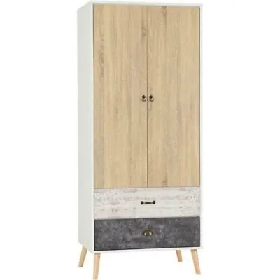 Nordic 2 Door 2 Drawer Wardrobe White/Distressed Effect • £199.99