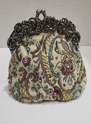 Vintage Beaded Floral Small Clutch Purse Bronze With Chain Embroidered Handbag • $14.95