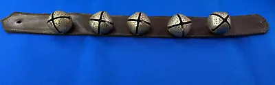 5 Antique Vintage  Horse Sleigh Bells Primitive On Leather Belt Natural Patina • $39.99