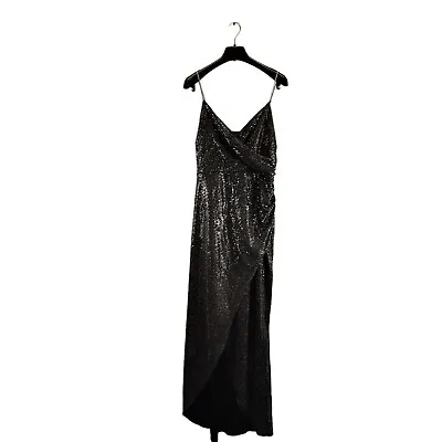 Quiz Clothing Womens Dress Black & Sliver Sequin Front Wrap V-neck Size 18 • £29.99