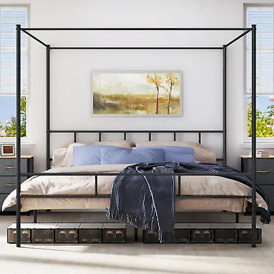TAUS King Size Bed Frame Metal Canopy W/Built-in Headboard Strong Slat Support • $118.16