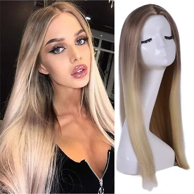 Womens Long Straight Hair Wigs Ladies Natural Ombre Blonde Cosplay Full Wig • £8.99