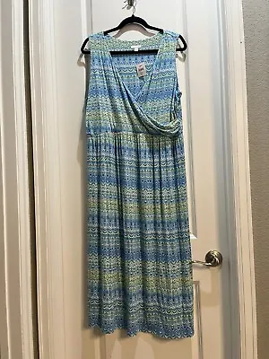 NWT J Jill Maxi Dress Blue Print Sleeveless Faux Wrap Stretch XL Pet Length 48” • $48