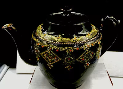 6” Antique English Teapot Black Handpainted Gold Trim Multicolored Design  • $48