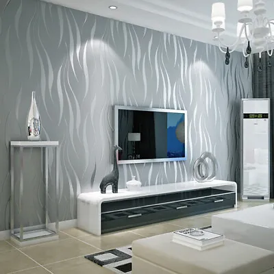 £14.95 • Buy 3D Embossed Wave Wallpaper Silver Grey Non-woven Living Room Wall Cover Decors