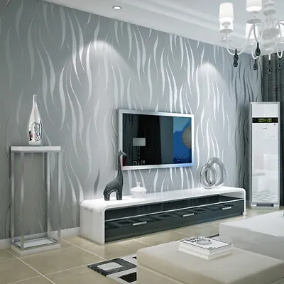 3D Embossed Wave Wallpaper Silver Grey Non-woven Living Room Wall Cover Decors • £9.95