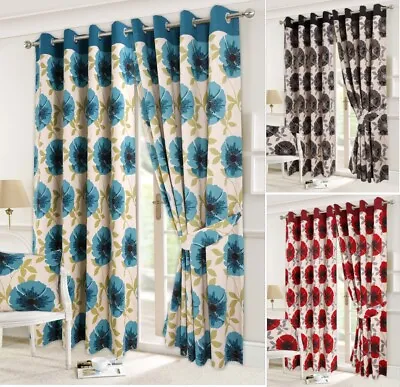 Panama Isla Fully Lined Eyelet Floral Pair Curtains Ring Top • £26.99