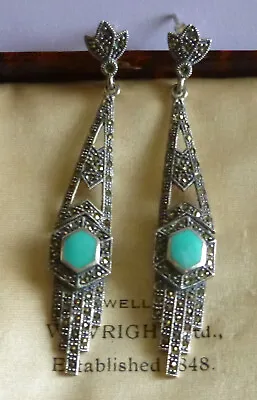 £2.20 • Buy Sterling Silver Pair Of Flexible Art Deco Turquoie And Marcasite Earrings