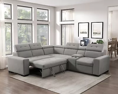 Grey Microfiber Sofa Storage Sectional Pullout Bed Adjustable Headrest Furniture • $1699