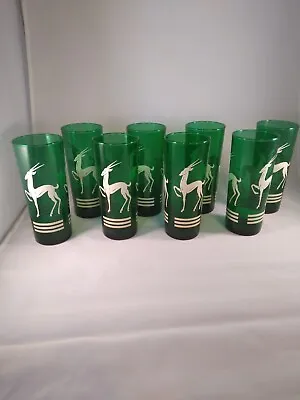 Set Of 8 Vintage Anchor Hocking Gazelle Deer Antelope  Green Glass Tumbler 6.5  • $65