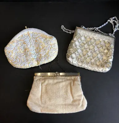 $17.50 • Buy Vintage Lot Of 3 Silver And Ivory Beaded Purses