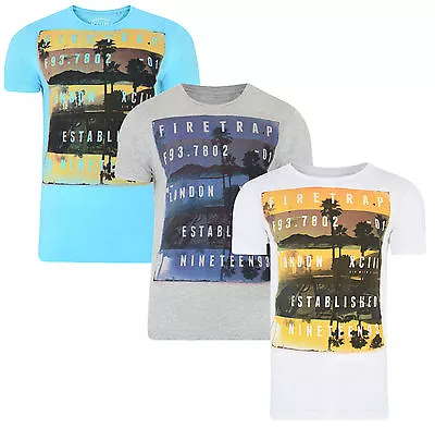 £10 • Buy Firetrap Sunset T-shirts New Men's Slim Fit Crew Neck Beach Print Cotton Tee