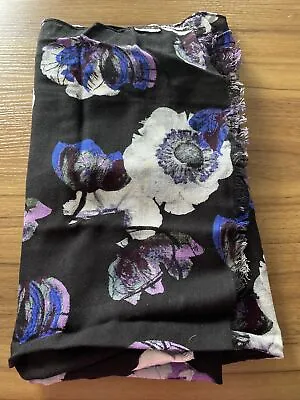 EUC J.Crew Black Purple Floral Scarf Pashmina Fringe Edge Oblong Wool + Viscose • $18