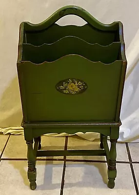 Vintage French Provincial Standing Magazine Rack Chippy Green Paint • $65