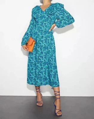 £6.99 • Buy DOROTHY P3RKINS LADIES BLUE MICRO DITSY RUFFLE MIDI DRESS SIZE 16 NEW (ref 272)