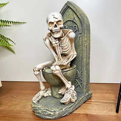 Skeleton On The Toilet Ornament Resin Halloween Decoration Seasonal Skull Statue • £19.99