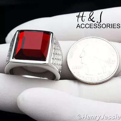 MEN's Stainless Steel Fashion Silver Tone Simulated Ruby Ring Size 8-13*AR81 • $15.99