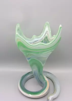 Vtg MCM Sooner Art Glass Tulip Trumpet Vase Green Swirl Coiled Base Handblown • $20