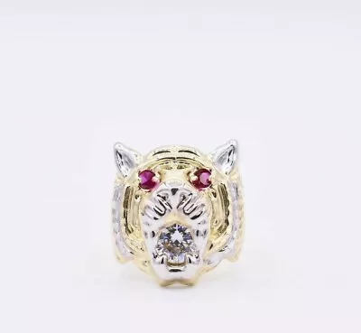 $319.99 • Buy Men's Tiger Lion Head Ring Ruby Eyes & CZ Real Solid 10K Yellow Gold Size 11