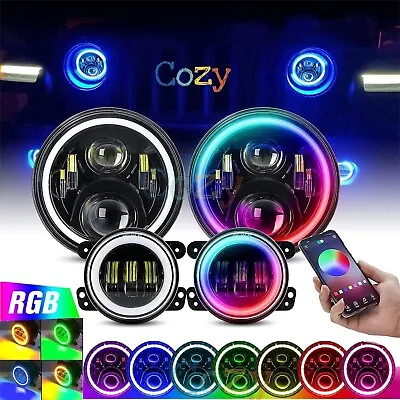 7  LED RGB Bluetooth Headlights + 4  Muti-Color Fog Lights  For Jeep Wrangler JK • $95.99