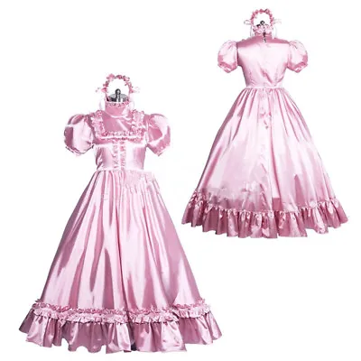 Gothic Lolita Girl Maid Sissy Pink Satin Dress Cosplay Costumes CD/TV Tailored • $77.50
