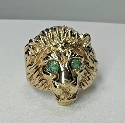 Vintage 14k Lion Head Cat Ring Yellow Gold Emerald Green Eyes Sz 6 9.5g 21mm • $599