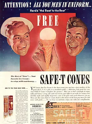 1942 WW2 Era AD For SAFE-T Ice Cream Cones  Servicemen Coupons Free Cones 031521 • $9.95