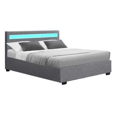 $344 • Buy Artiss Bed Frame Double Size Gas Lift RGB LED Bedbase Grey Cole