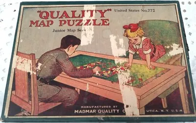 Vtg  1919 Childrens Puzzle Quality Map U.s. 772 Madmar Quality W Color Box • $5