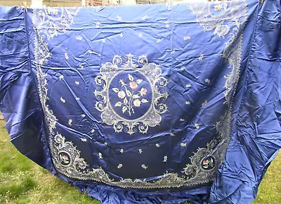 Vintage Vestor Italian Embroidered Bedspread Throw Blue 65  X 86  Satin • $155