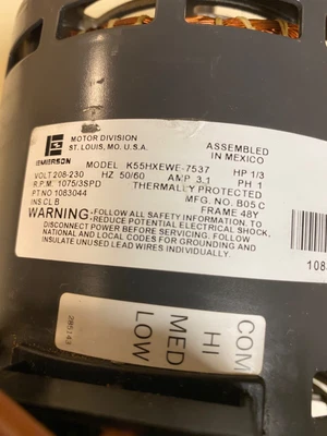 $75 • Buy Emerson Model K55HXEWE-7537, 1/3 Hp Furnace Blower Motor 230volt