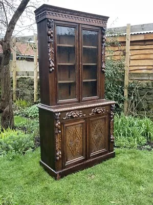 Antique Carved Oak Linen Press Drawers Bookcase Housekeepers Larder Cupboard • £495