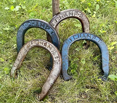 Vintage Set Of 4 Champ FORGED STEEL Horseshoes No.1 Blue No.2  USA CHAMPION • $44.50