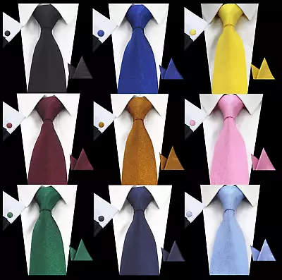 Solid Silk Tie Pocket Square Handkerchief Cufflink Set Necktie Hankie Wedding • £12.99