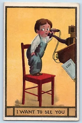 Wall Artist Signed Postcard Boy Telephone Standing On Chair Minneapolis MN 1912 • $14.95