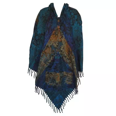 Poncho| 2 Button|Tassels|Hood+Pocket|Boho|MT | Yak Wool Blend|1 Size| Blue+Amber • $50.40