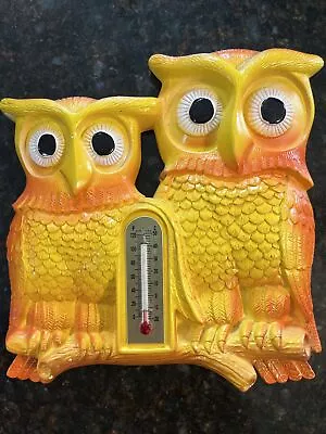 Vintage 1979 Miller Studio Chalkware Yellow Owls Wall Plaque Thermometer Decor • $19.99