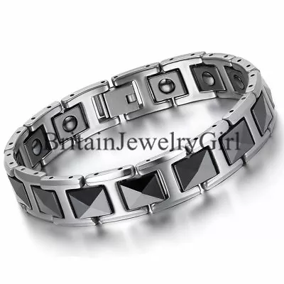 Men's Biker Healthy Magnetic Black Ceramic Square Link Bracelet Tungsten Bangle • $18.99