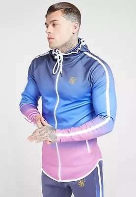 SikSilk Mens Blue / Pink Athlete Fade Taped Zip Through Hoodie Medium • £16.99