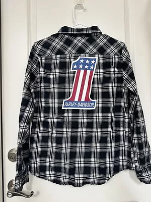 Harley Davidson #1 Flannel Women's M Black Plaid Logo Snap Close Shirt • $49.99