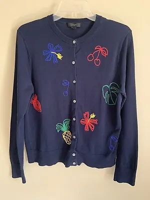 J Crew Embroidered Fruit Jackie Cardigan Size L Navy Cotton Blend • $20