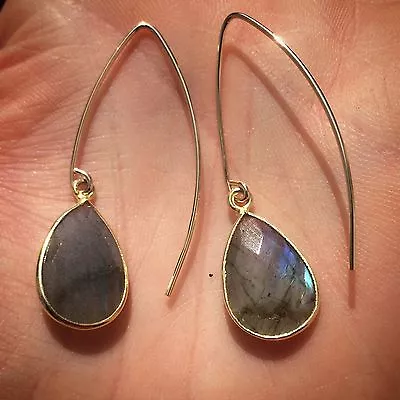 14K Gold-filled Or Sterling Silver Labradorite Stone Tear Drop Open Hoop Earring • $32