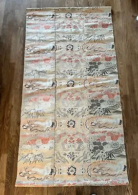 Vintage Japanese Silk Obi Tapestry With Crane Peacock & Chrysanthemum Wall Art  • $110